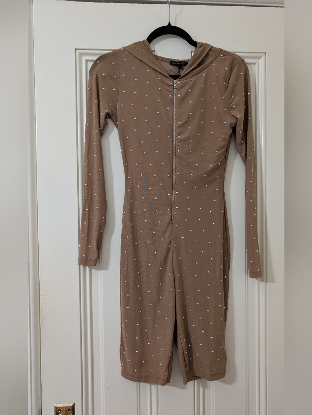 Symphony Taupe Long-Sleeve Rhinestone Hooded Romper (Rare)